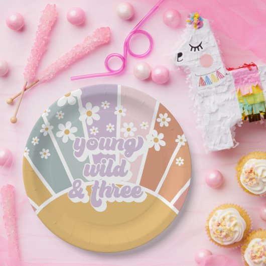 Retro Sunshine Rainbow Daisy 3rd Birthday Papieren Bordje (Feest)