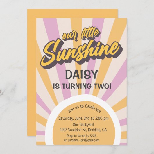 Retro Sunshine Summer Birthday Invitation Kaart (Voorkant / Achterkant)