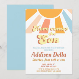 Retro Sunshine Sun Theme Boy Baby shower Kaart