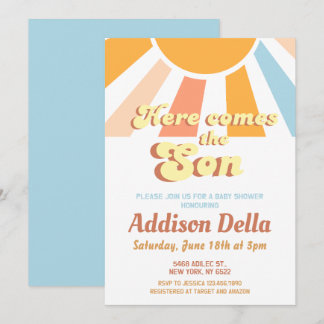 Retro Sunshine Sun Theme Boy Baby shower Kaart