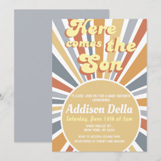 Retro Sunshine Sun Theme Boy Baby shower Kaart
