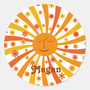 Retro Sunshine Sunburst met de aangepaste naam Flo Ronde Sticker