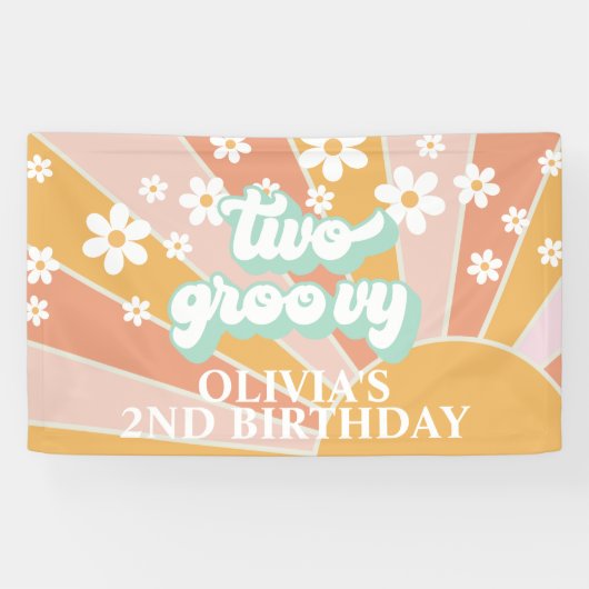 Retro Sunshine Twee Groovy Daisy Verjaardag Spandoek (Horizontaal)
