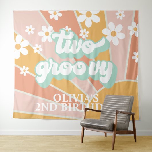 Retro Sunshine Two Groovy Daisy Verjaardagsbanner Wandkleed (In Situ (horizontaal))