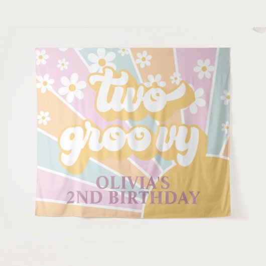 Retro Sunshine Two Groovy Pastel Daisy Birthday Ba Wandkleed (Voorkant (horizontaal))