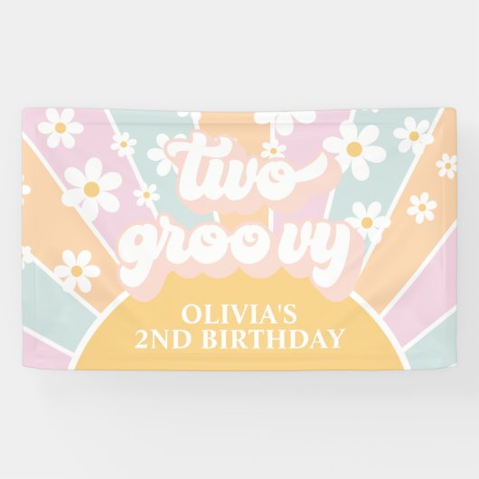Retro Sunshine Two Groovy Pastel Daisy Birthday Spandoek (Horizontaal)