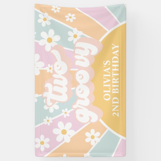 Retro Sunshine Two Groovy Pastel Daisy Birthday Spandoek (Verticaal)