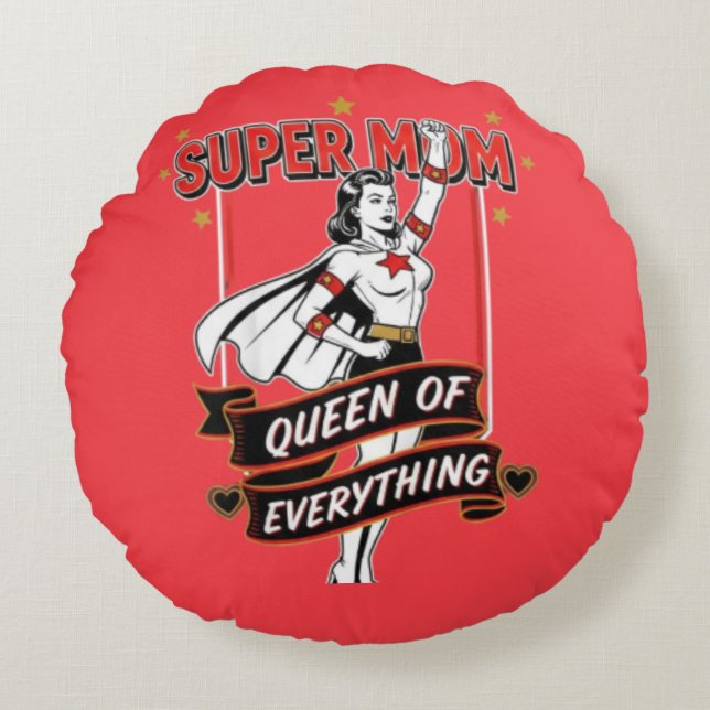 Retro Super Mom Queen of Everything Art Tee Rond Kussen (Voorkant)