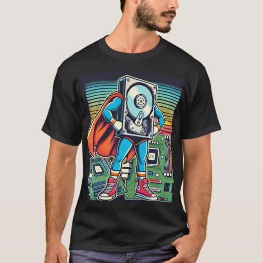 Retro Superhero Harde schijf - , op technologie ge T-shirt (Voorkant)
