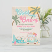 Retro Surf 1e Verjaardagsuitnodiging Kaart (Staand voorkant)