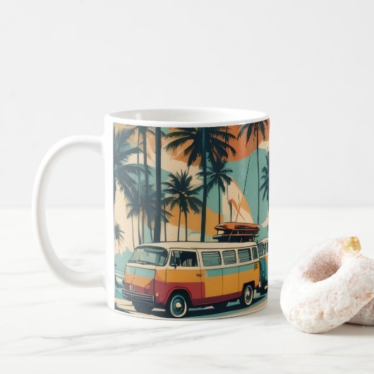 Retro Surf Bus & Palmboom Koffiemok | Tropisch (Met donut)