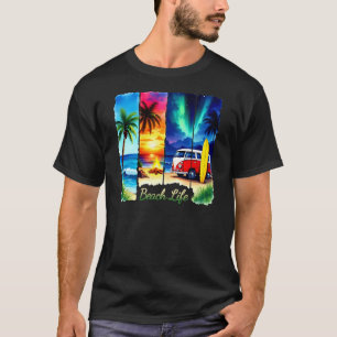 Retro Surf Bus Strandleven Zonsondergang Tropische T-shirt