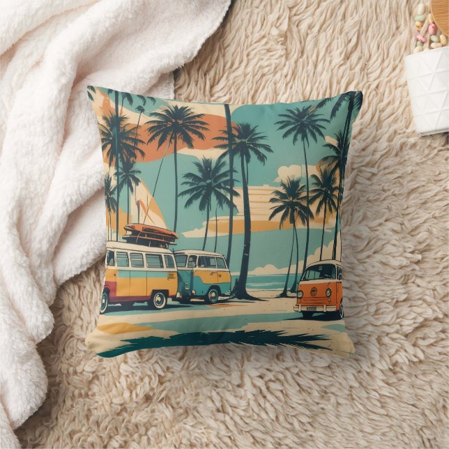 Retro Surf Busje & Palmboom  | Tropisch Kussen (Deken)