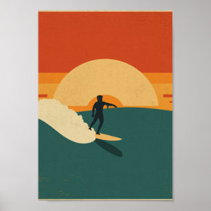 Retro Surf Kust Zonsondergang Muurkunst Poster