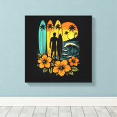 Retro Surf Strand Zonsondergang Tropisch Canvas Afdruk (Insitu (Houten vloer))