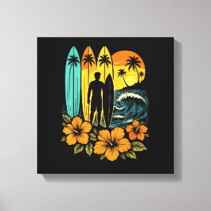 Retro Surf Strand Zonsondergang Tropisch Canvas Afdruk