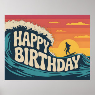 Retro Surf Thema "Happy Birthday" Illustratie Poster