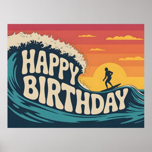 Retro Surf Theme "Happy Birthday" Illustration Poster (Voorkant)