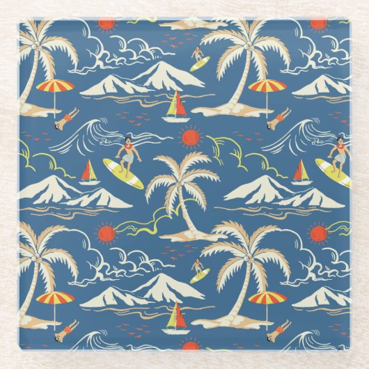 Retro Surf Tropical Patroon Glazen Onderzetter (Voorkant)