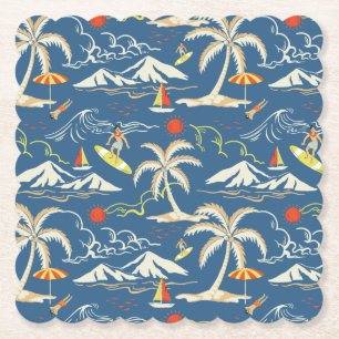 Retro Surf Tropical Patroon Kartonnen Onderzetters