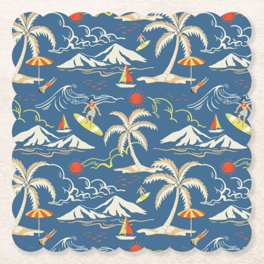 Retro Surf Tropical Patroon Kartonnen Onderzetters (Voorkant)