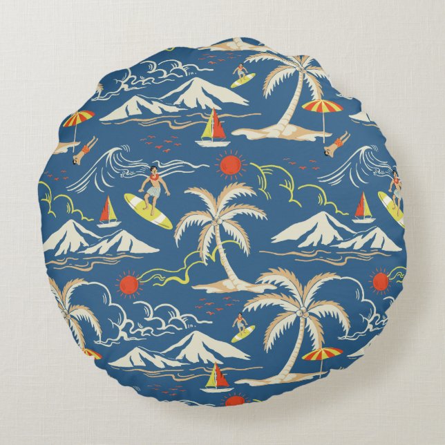 Retro Surf Tropical Patroon Rond Kussen (Achterkant)