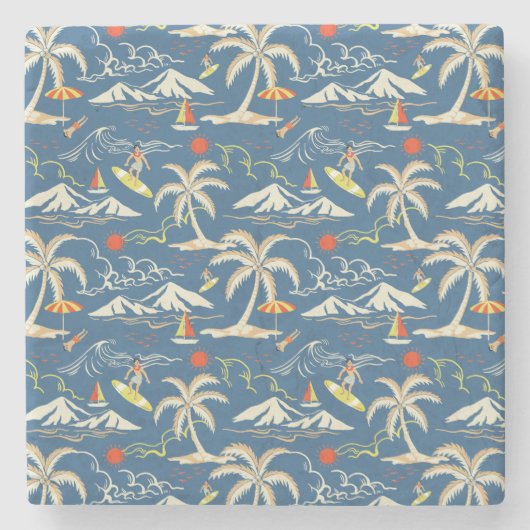 Retro Surf Tropical Patroon Stenen Onderzetter (Voorkant)
