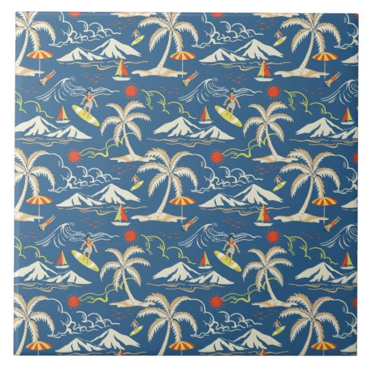 Retro Surf Tropical Patroon Tegeltje (Voorkant)