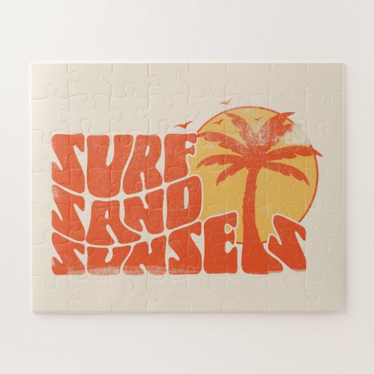 Retro Surf Zand Zonsondergangen Palm Tree Beach Vi Legpuzzel (Horizontaal)