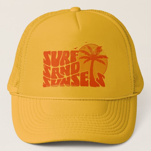 Retro Surf Zand Zonsondergangen Palm Tree Beach Vi Trucker Pet (Voorkant)