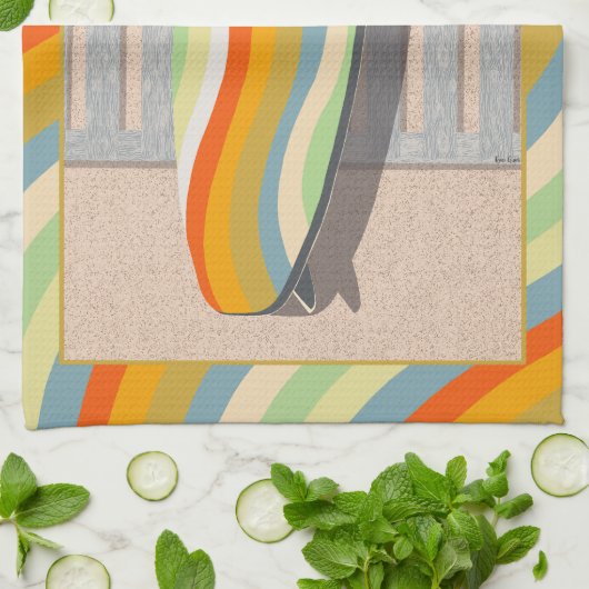 Retro Surfboard Pelican Wavy Stripe Art Theedoek (Gevouwen)