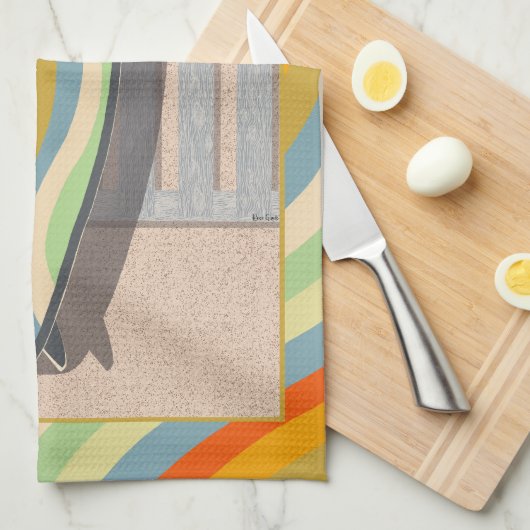 Retro Surfboard Pelican Wavy Stripe Art Theedoek (Quarter Fold)