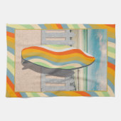 Retro Surfboard Pelican Wavy Stripe Art Theedoek (Horizontaal)