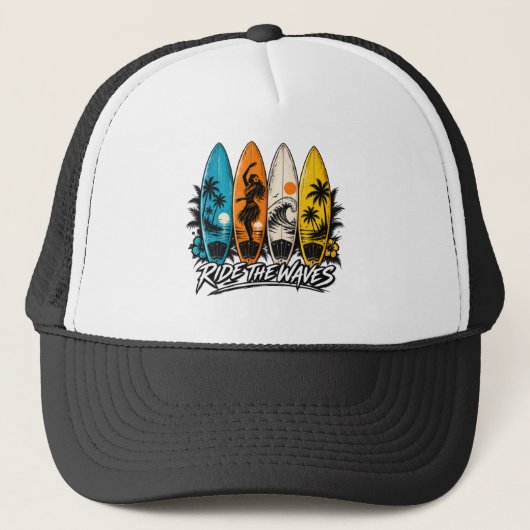 Retro Surfboards Ride de Golven Surfen Design Trucker Pet (Voorkant)