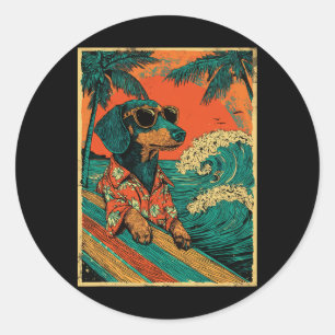 Retro surfen Dackel surfer hond Hawaïaans strand  Ronde Sticker