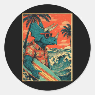 Retro surfen dinosaurus Hawaï zomer Triceratops S Ronde Sticker
