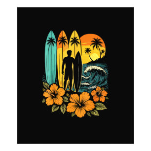 Retro surfen strand zonsondergang tropisch foto afdruk