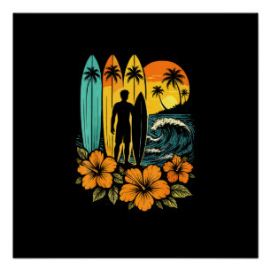 Retro surfen strand zonsondergang tropisch perfect poster
