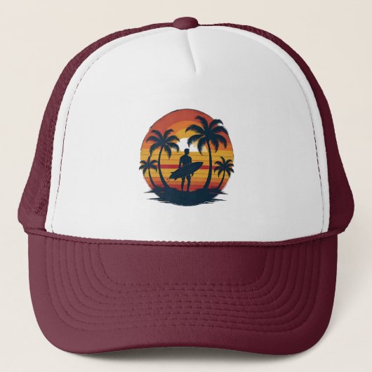 Retro Surfen T-shirt – 70s Sunset Beach D Trucker Pet (Voorkant)