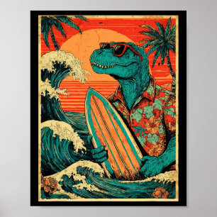Retro surfen Tyrannosaurus Hawaiaanse zomer dinosa Poster