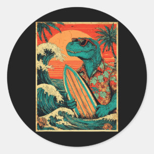 Retro surfen Tyrannosaurus Hawaiaanse zomer dinosa Ronde Sticker