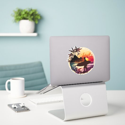 Retro Surfer 1 Sunset Beach Sticker (Laptop op bureau)