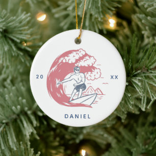 Retro Surfer Boy Beach Vibes Name & Year Big Wave Keramisch Ornament