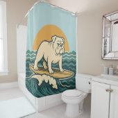 Retro Surfer Bulldog - Blue Coastal Surfing Dog Douchegordijn (In situ)