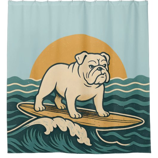 Retro Surfer Bulldog - Blue Coastal Surfing Dog Douchegordijn (Voorkant)