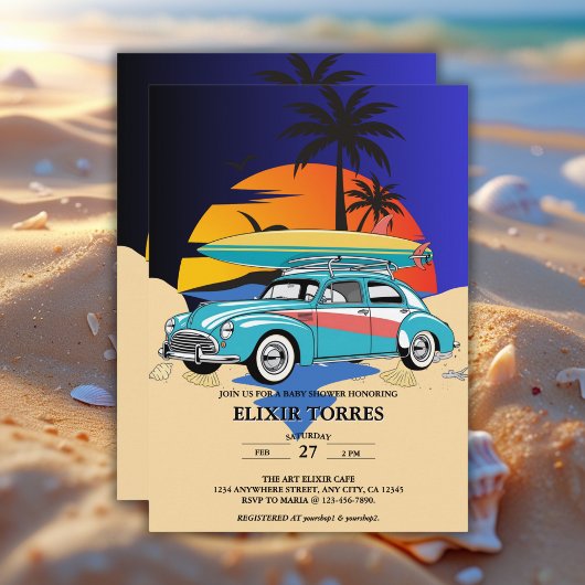 Retro Surfer Car Baby shower Kaart