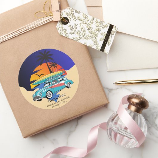 Retro Surfer Car Baby shower Ronde Sticker (Geschenken)