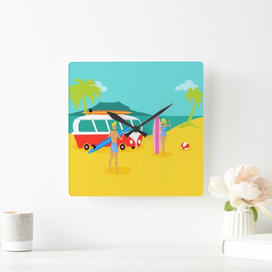 Retro surfer Couple Acrylwandklok Vierkante Klok (Huis)
