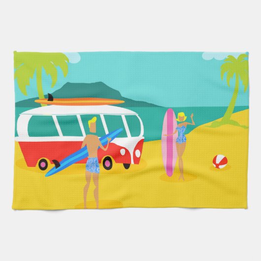 Retro Surfer Couple Kitchen Towel Theedoek (Horizontaal)