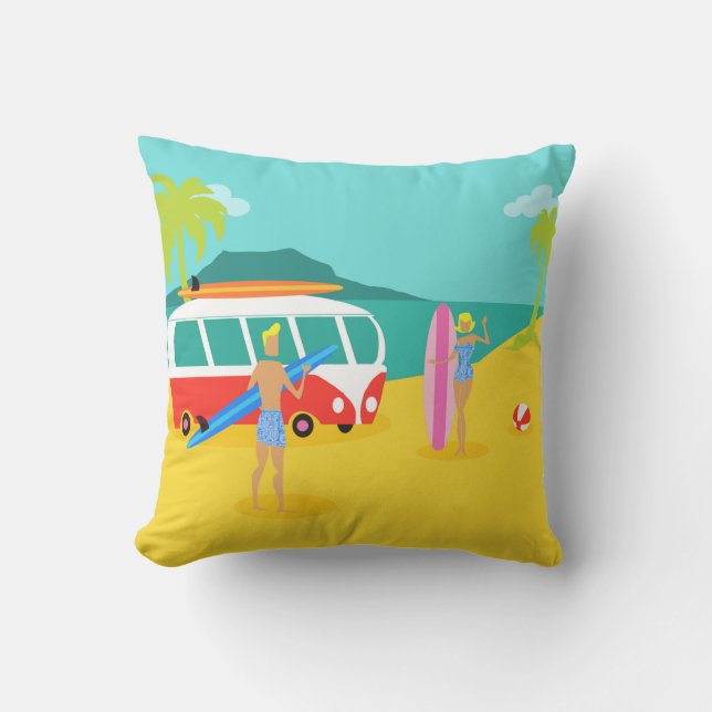 Retro Surfer Couple Outdoor Pillow Buitenkussen (Voorkant)